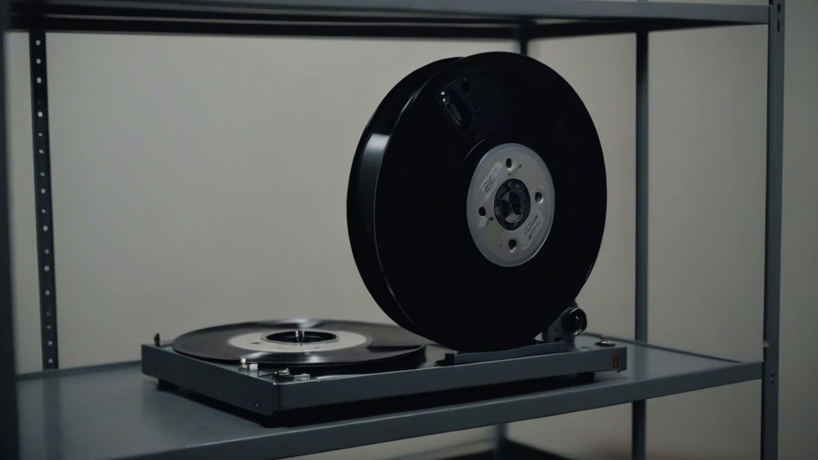 A large dark reel of magnetic tape standing on a steel shelf beside a second flat reel, both unlabelled, in a dim storage rack.