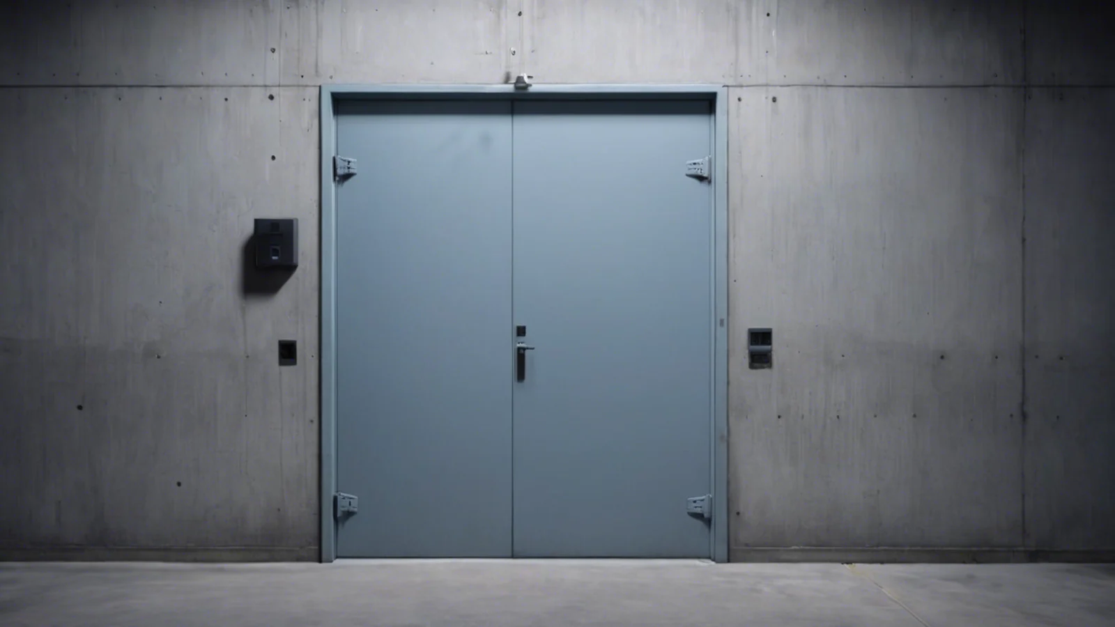 A closed blue-grey steel double door set flush in a blank concrete wall, with no number, sign or marking on the door or the wall around it.