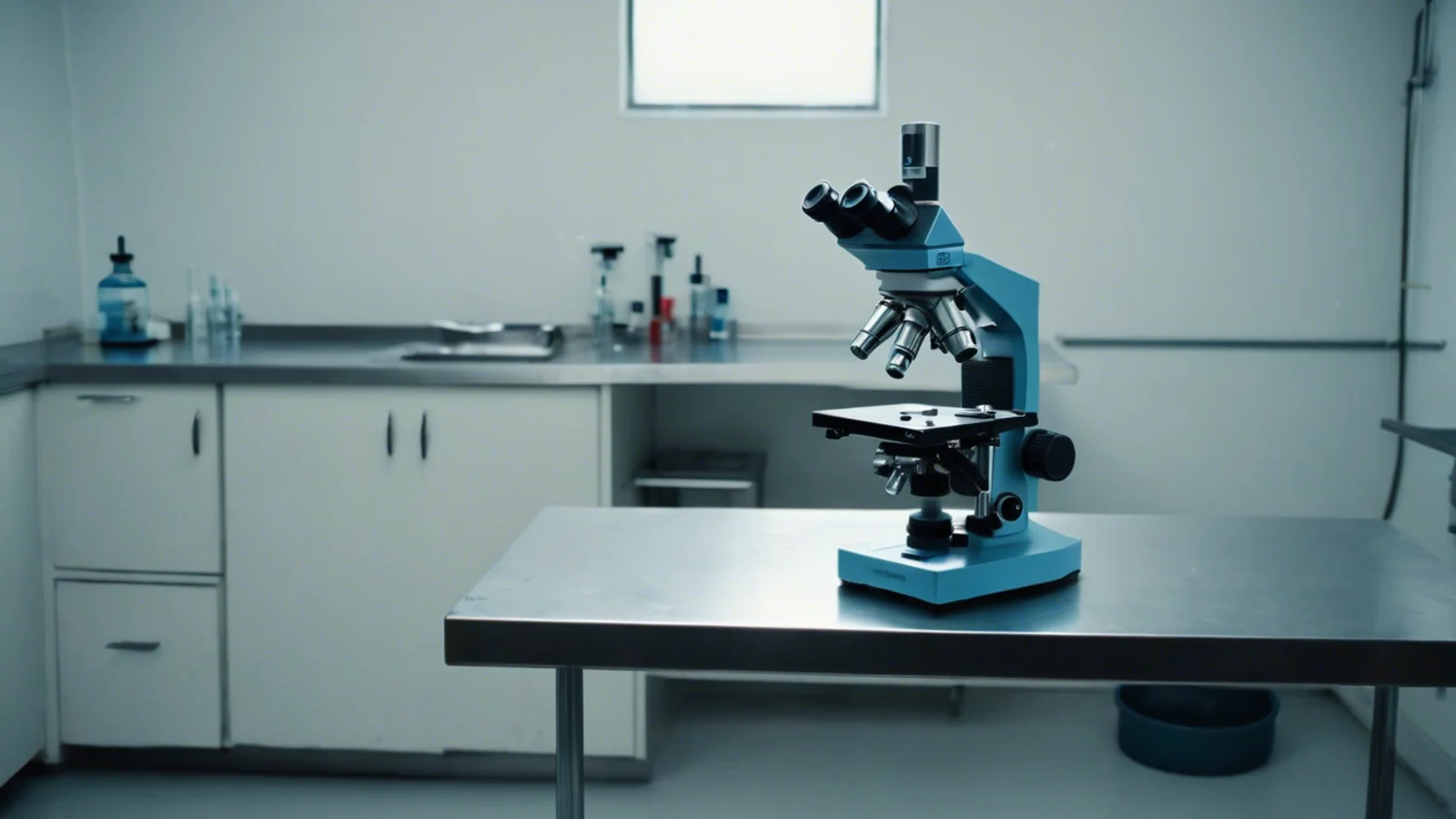 A laboratory microscope standing alone and unattended on a long empty stainless steel bench in a bare pale room, lit cold and flat, with no one at it.