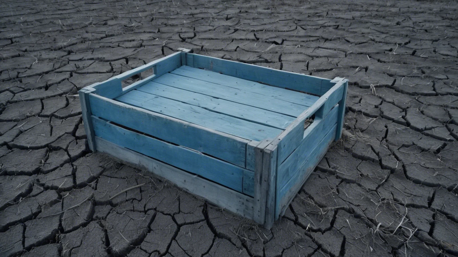 A shallow open-topped wooden crate, weathered to a cold blue-grey, standing completely empty on bare cracked dry earth under flat overcast light.