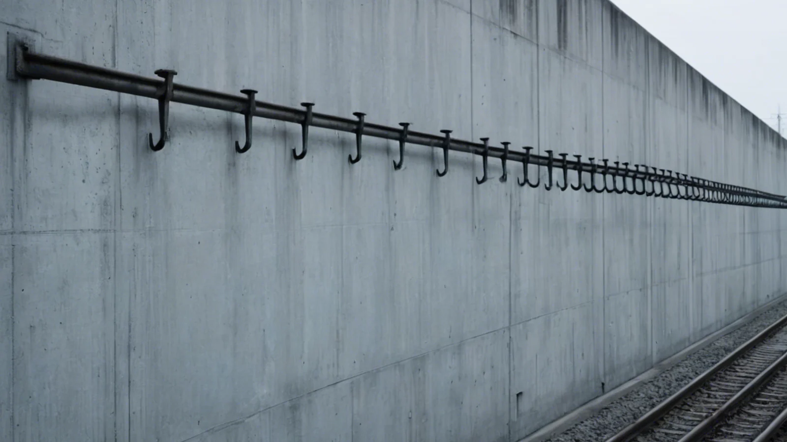 A long steel rail of identical hooks running away down a bare concrete wall, every hook empty with nothing hanging on any of them, lit cold and raking from the left.