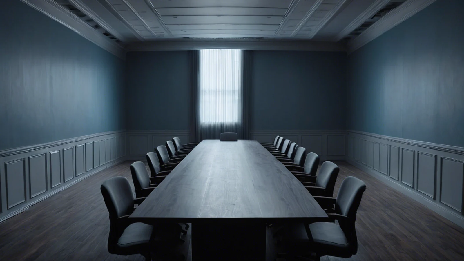 A long dark conference table running away from the camera in a bare grey room, its surface completely empty, identical chairs pushed in along both sides, cold daylight from tall windows and nobody present.