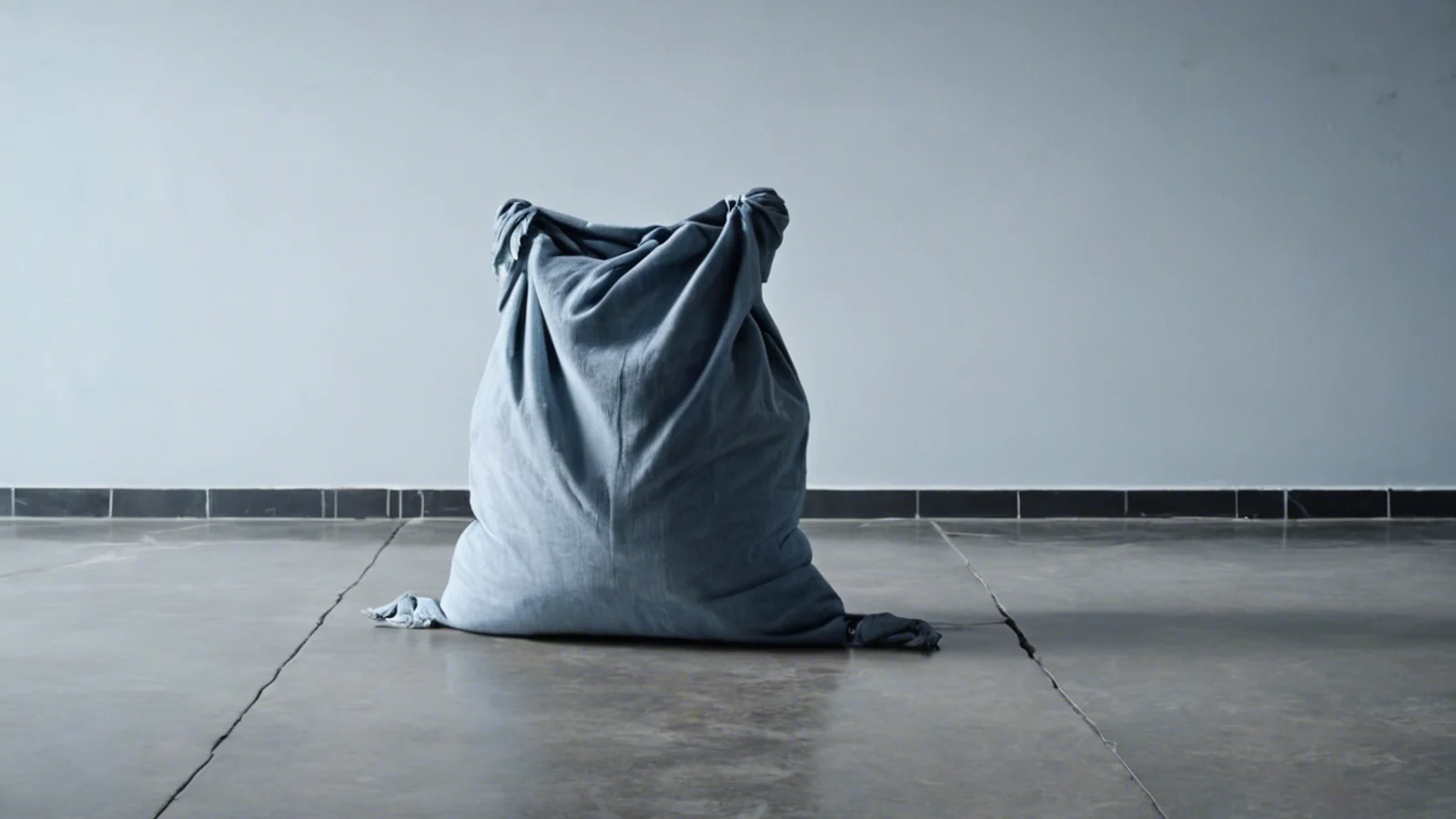 A heavy pale canvas sack tied at the neck, standing alone and slumped on a bare grey concrete floor against a blank wall in cold light, with nothing printed or stencilled on the cloth.