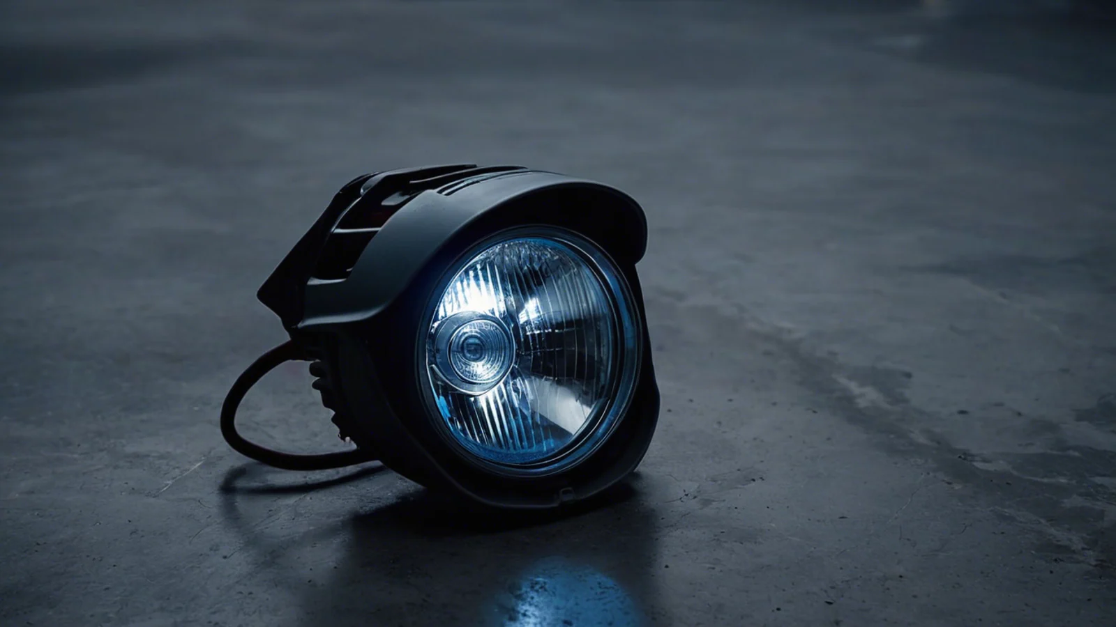 A single car headlamp unit removed from its vehicle and standing on a bare grey concrete floor, its lens glowing pale against the surrounding dark, with no badge or lettering on the housing.