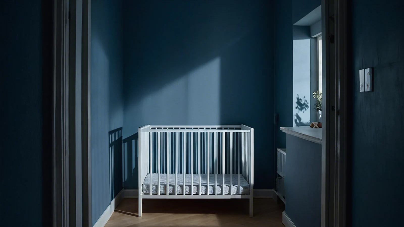 An empty white slatted crib seen through a doorway in a quiet blue nursery, with a narrow pool of light on the wall.