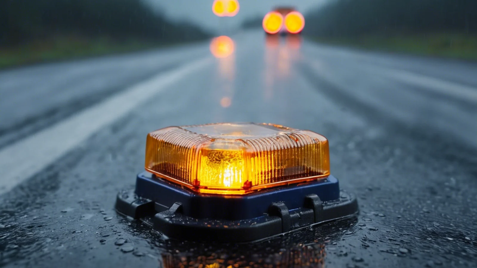 A glowing amber warning beacon with a ribbed transparent housing on a dark rain-wet surface, with distant vehicle lights blurred behind it.