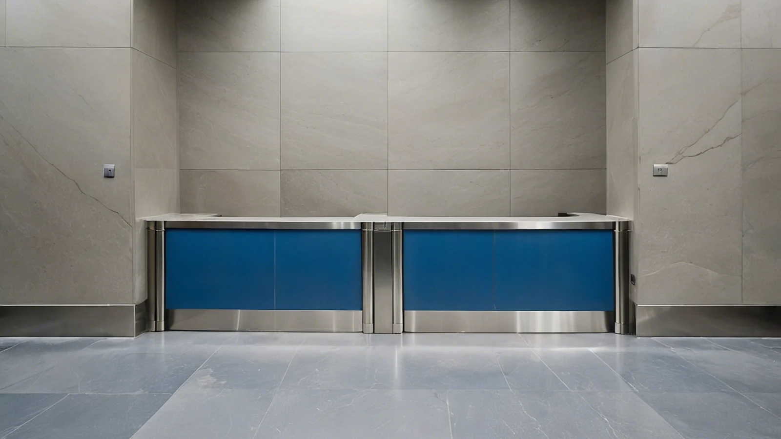 Two blue counter panels edged in stainless steel in a bare pale stone institutional room.