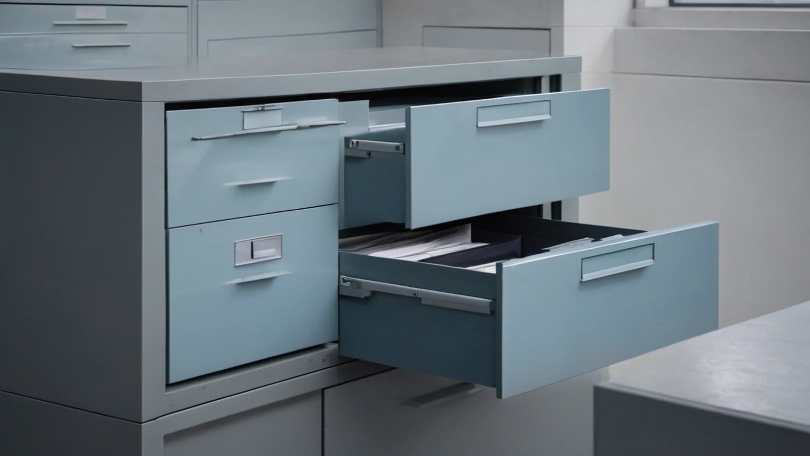 Blue-grey steel filing drawers partly open at different depths, with a stack of paper visible in one drawer.