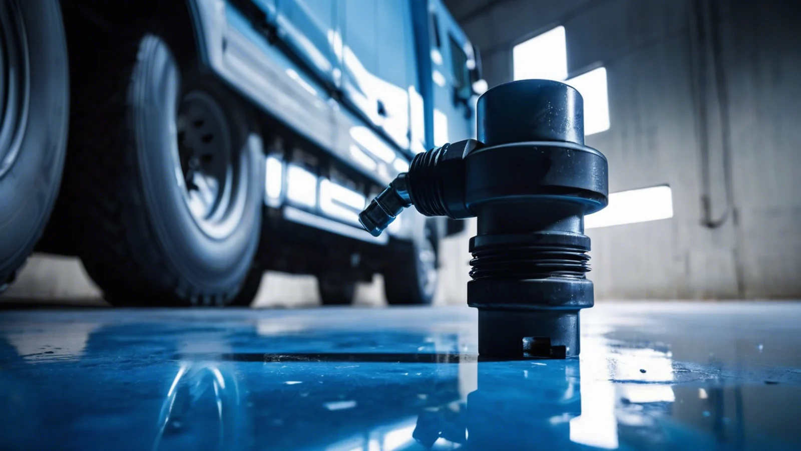 A black ribbed fuel coupling on a reflective blue-grey surface beside the wheel and steel body of a vehicle.