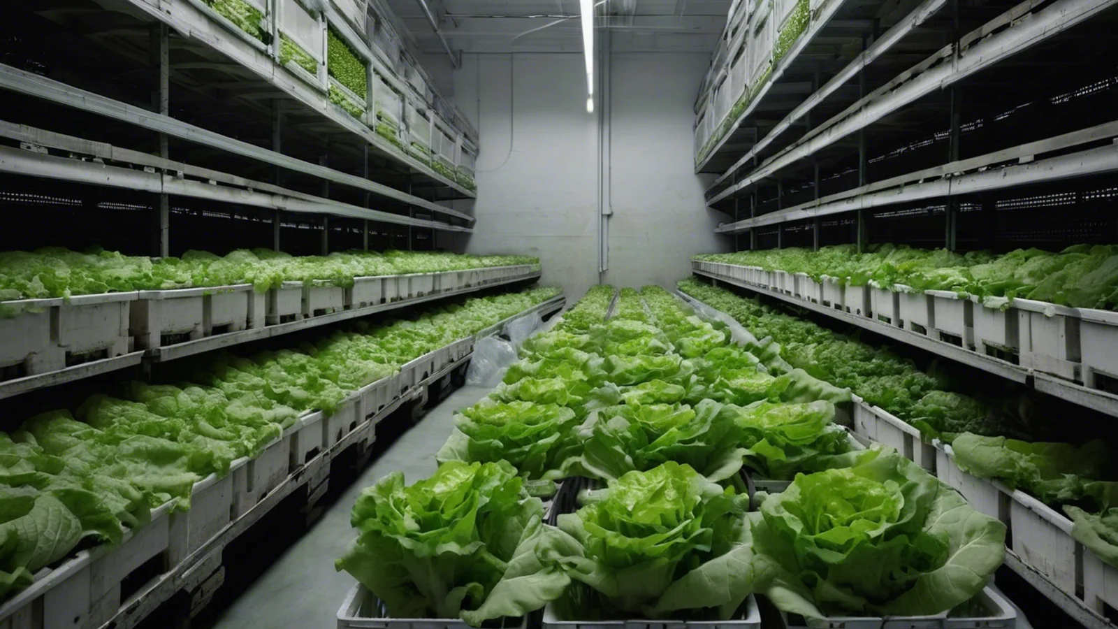 Rows of pale crates filled with green leafy produce in a cool industrial storage room, with stacked shelving on both sides.