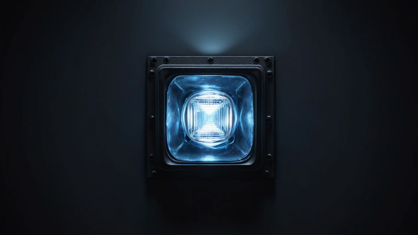 A single square indicator lamp glowing a steady cold blue, set flush into a plain dark steel panel with nothing else in frame.