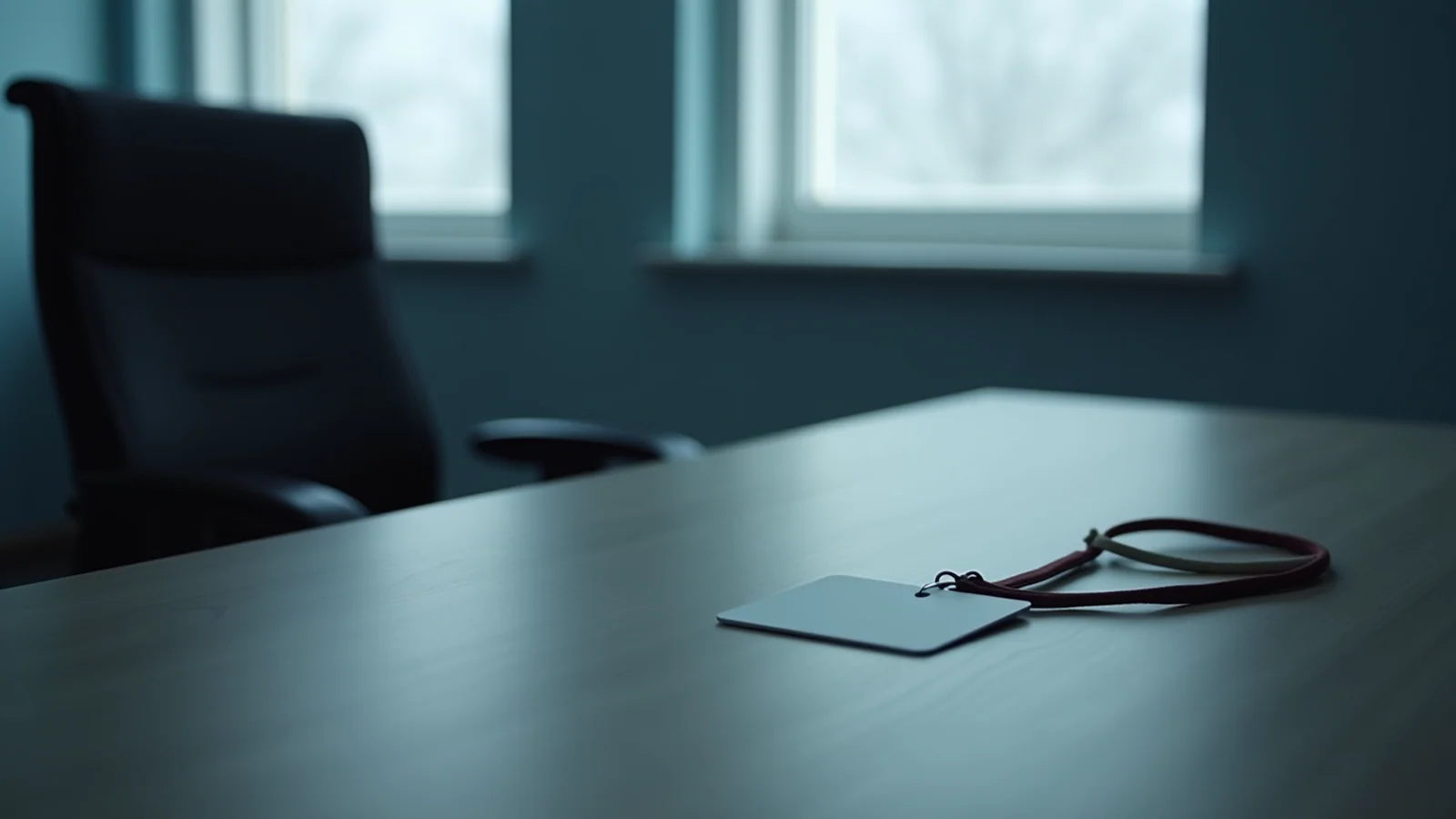 A lanyard and blank card left on an otherwise empty office desk, the chair pushed back, in cold window light.