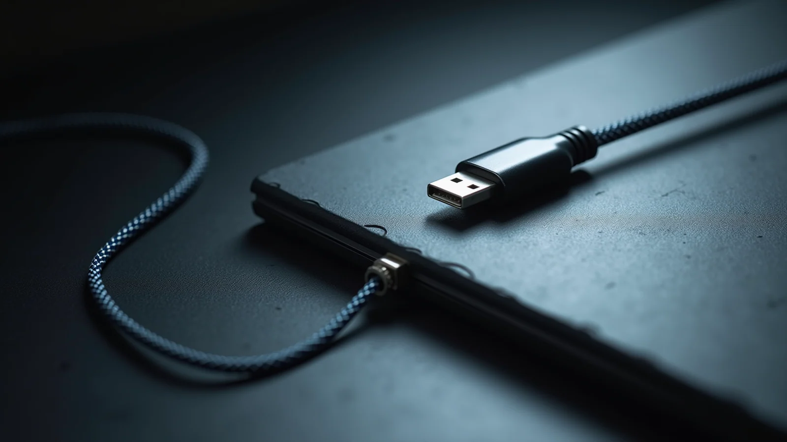 A braided cable's connector lying unplugged on a closed dark laptop, just past the port it came out of, in dim cold light.