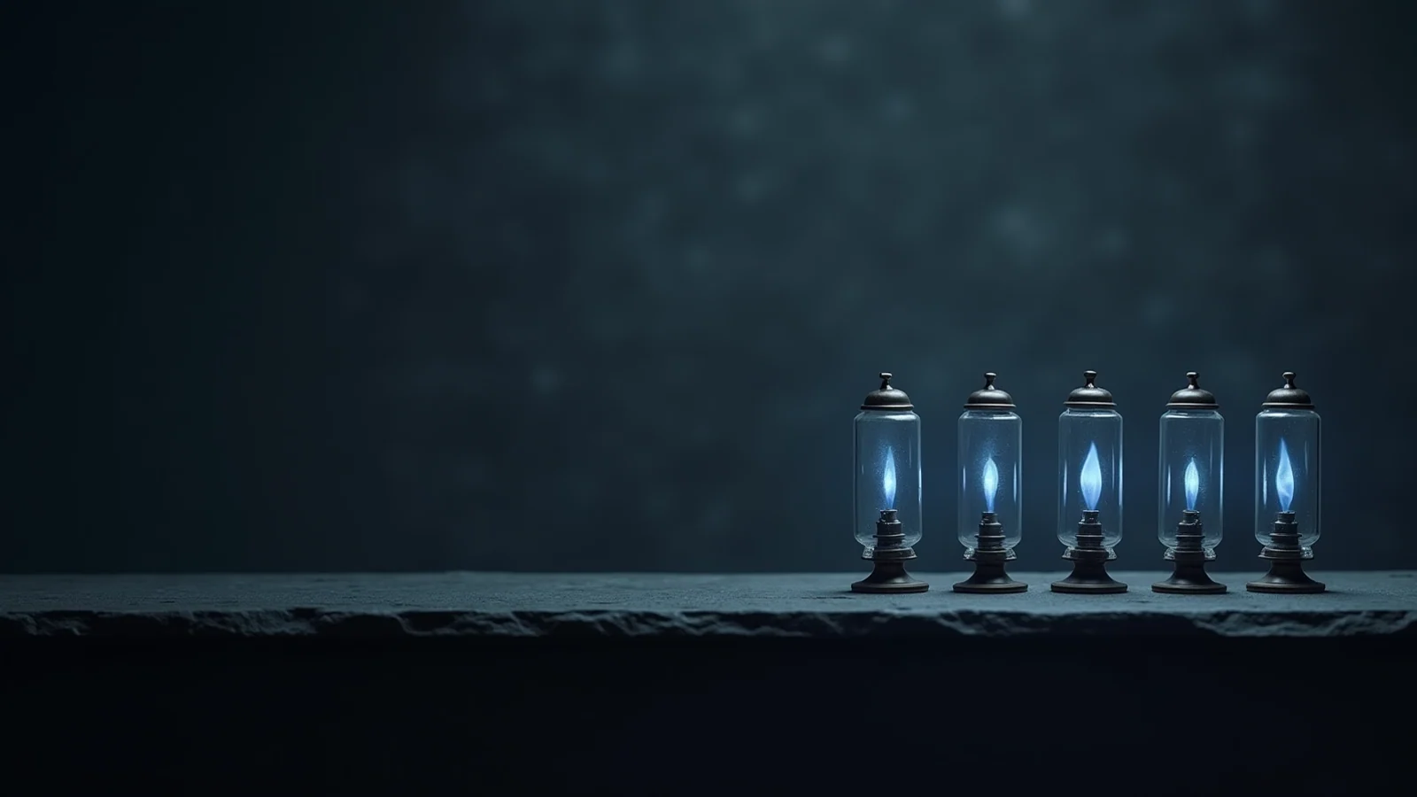 Five small clear glass lanterns in a row on a dark slate shelf, each holding a single cold blue flame.