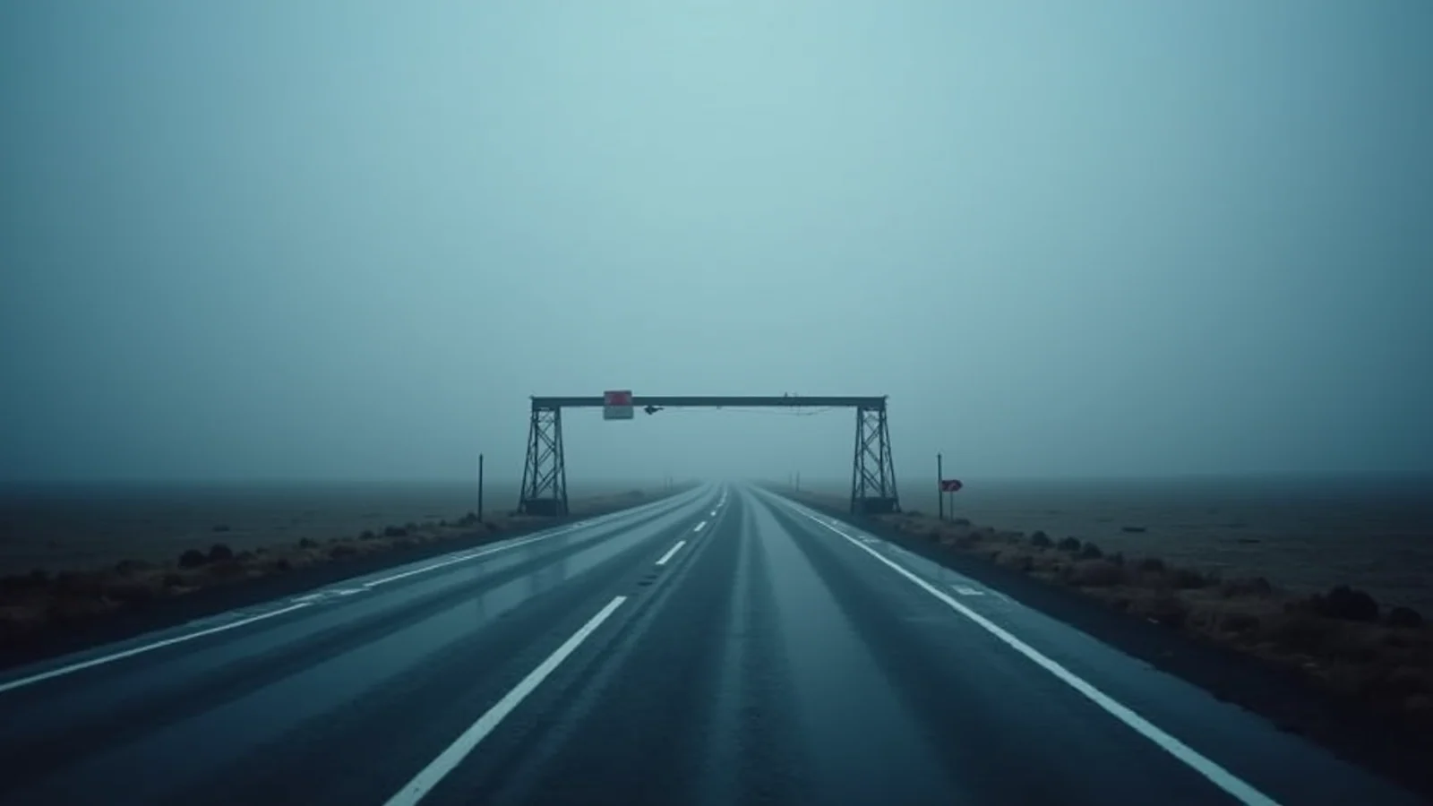 A steel gantry spanning an empty wet highway that runs straight ahead and disappears into dense grey-blue fog.