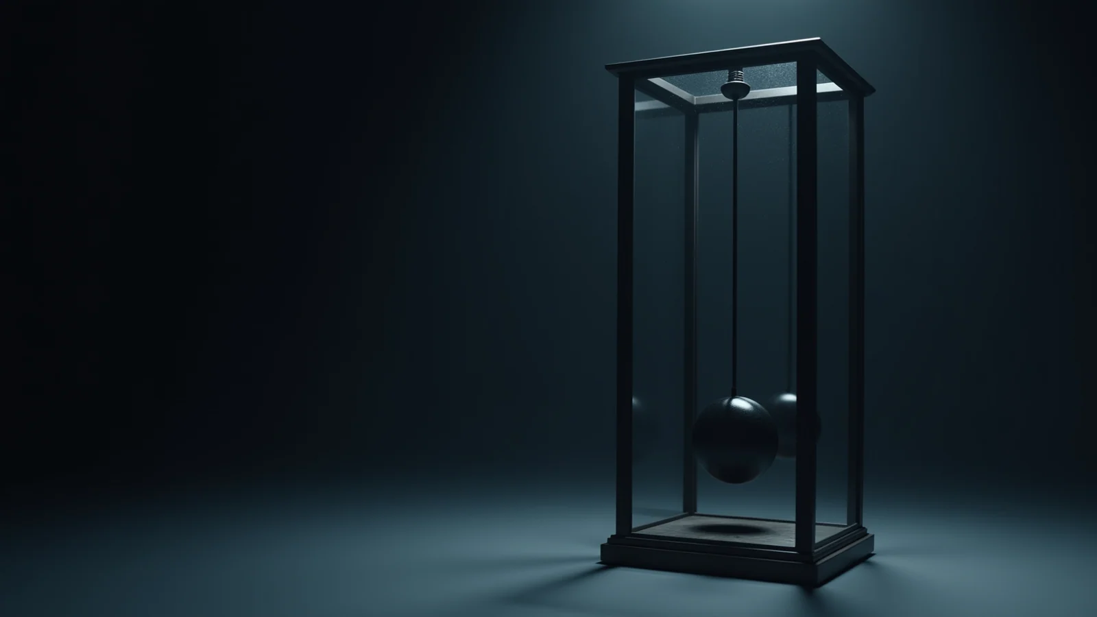 A long dark steel pendulum hanging perfectly still inside a tall narrow glass case, cold side light catching the edge of its bob.