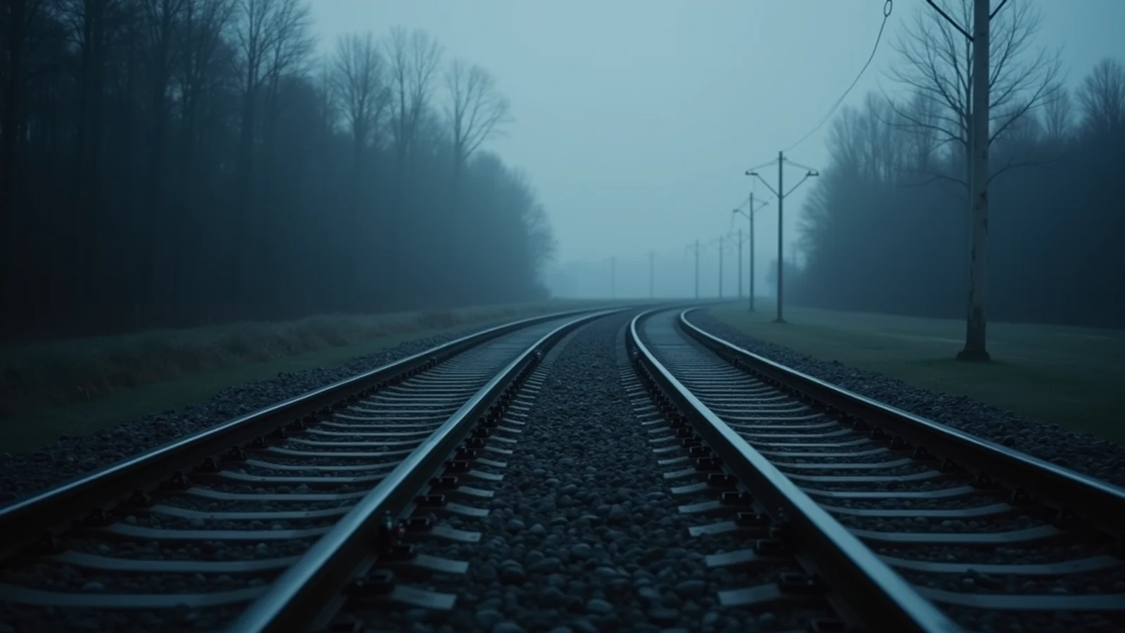Railway tracks in fog where one line divides into two that curve apart, cold blue dusk light along the steel rails.