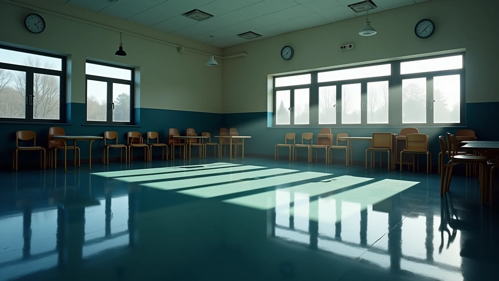 An empty classroom with a wide sheet of standing water across the floor reflecting the windows, chairs stacked on the desks along the right wall, cold overcast daylight.