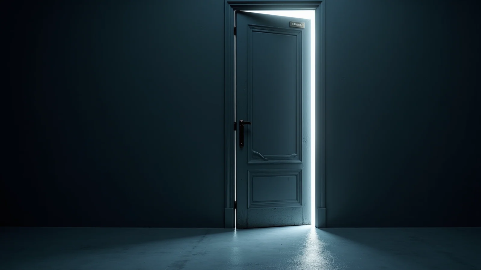 A tall dark door standing barely open, a narrow vertical blade of cold light falling from the gap onto the floor.