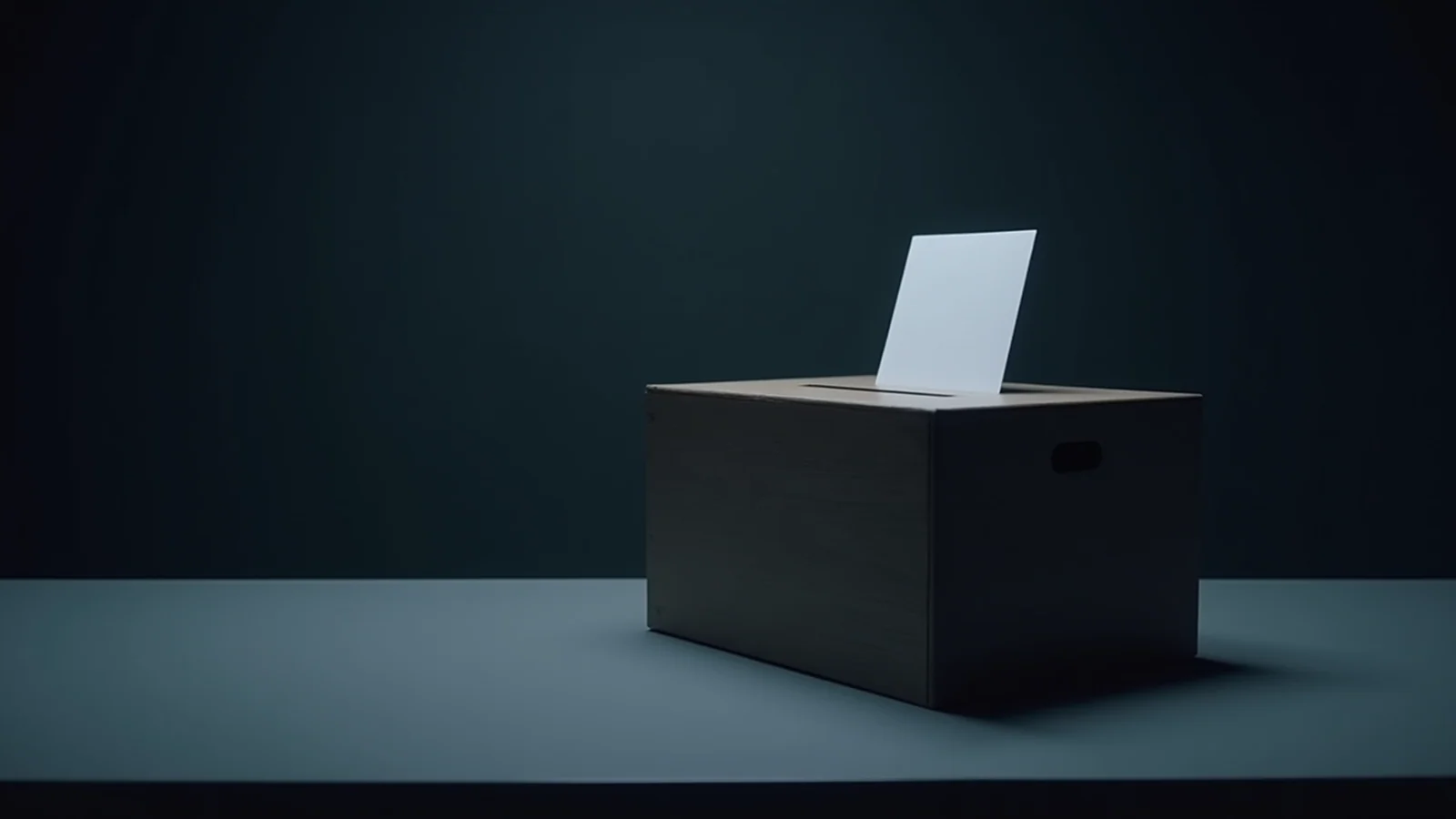 A plain dark ballot box on a pale floor with one blank white card standing upright in its slot, lit coldly against deep shadow.