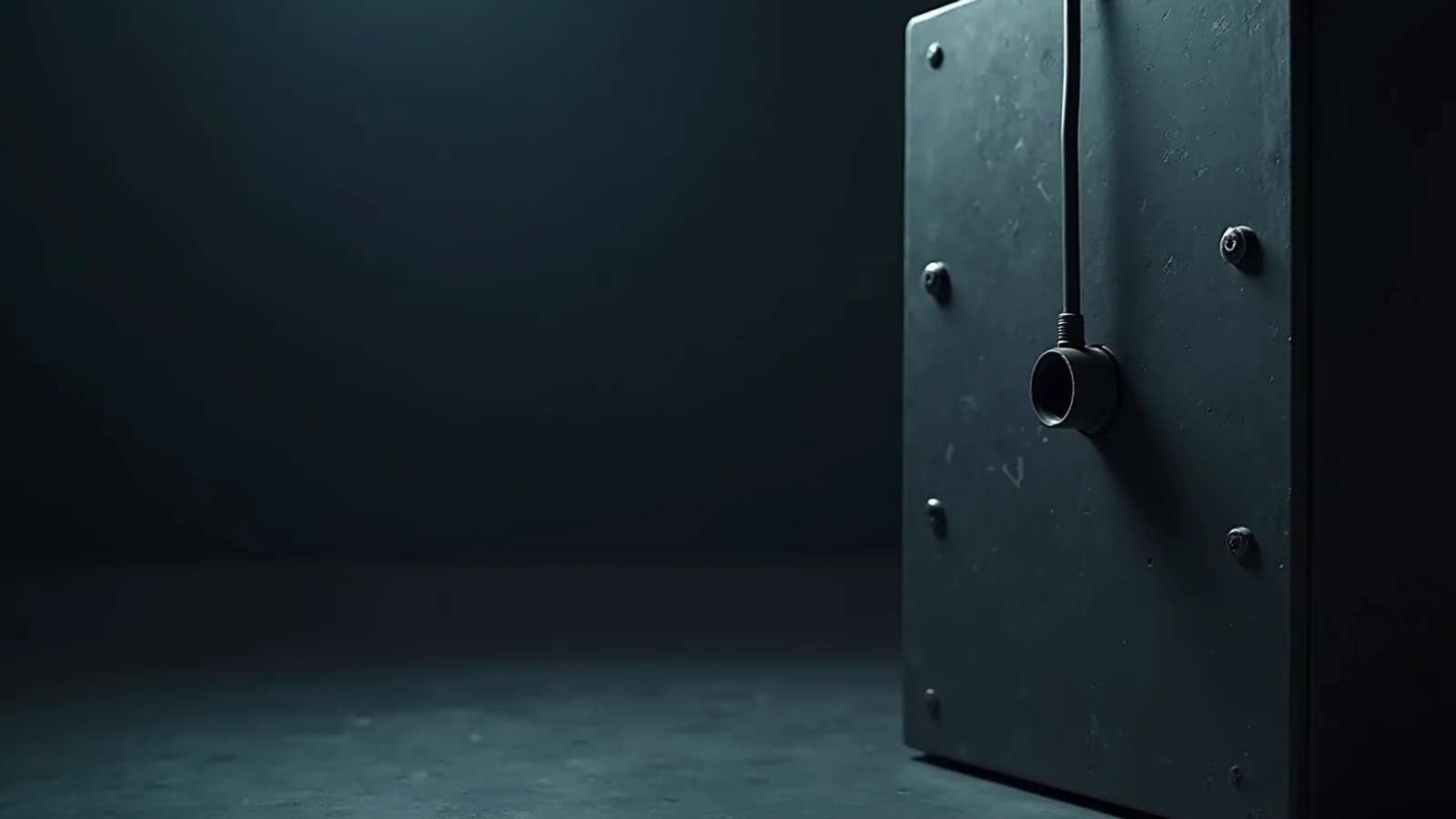 A dark steel panel at the right of the frame with a single cable end hanging loose from it, deep shadow filling the rest.