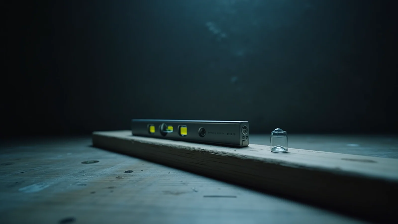A metal spirit level lying along a sloping wooden plank in a dark workshop, its bubble pushed toward one end.