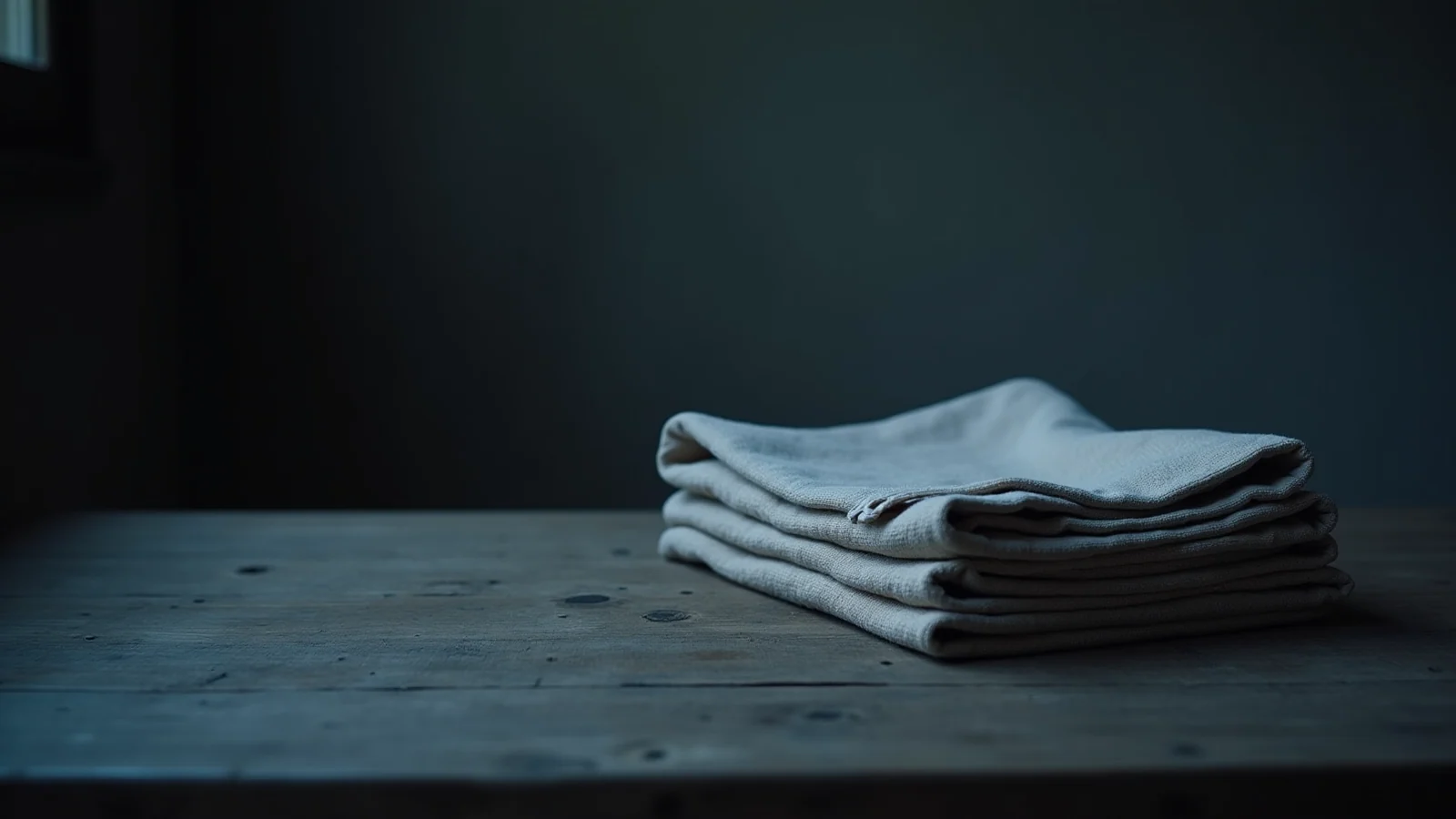 A neat folded stack of plain pale cloth on a bare wooden table in a dark room, lit from one side.