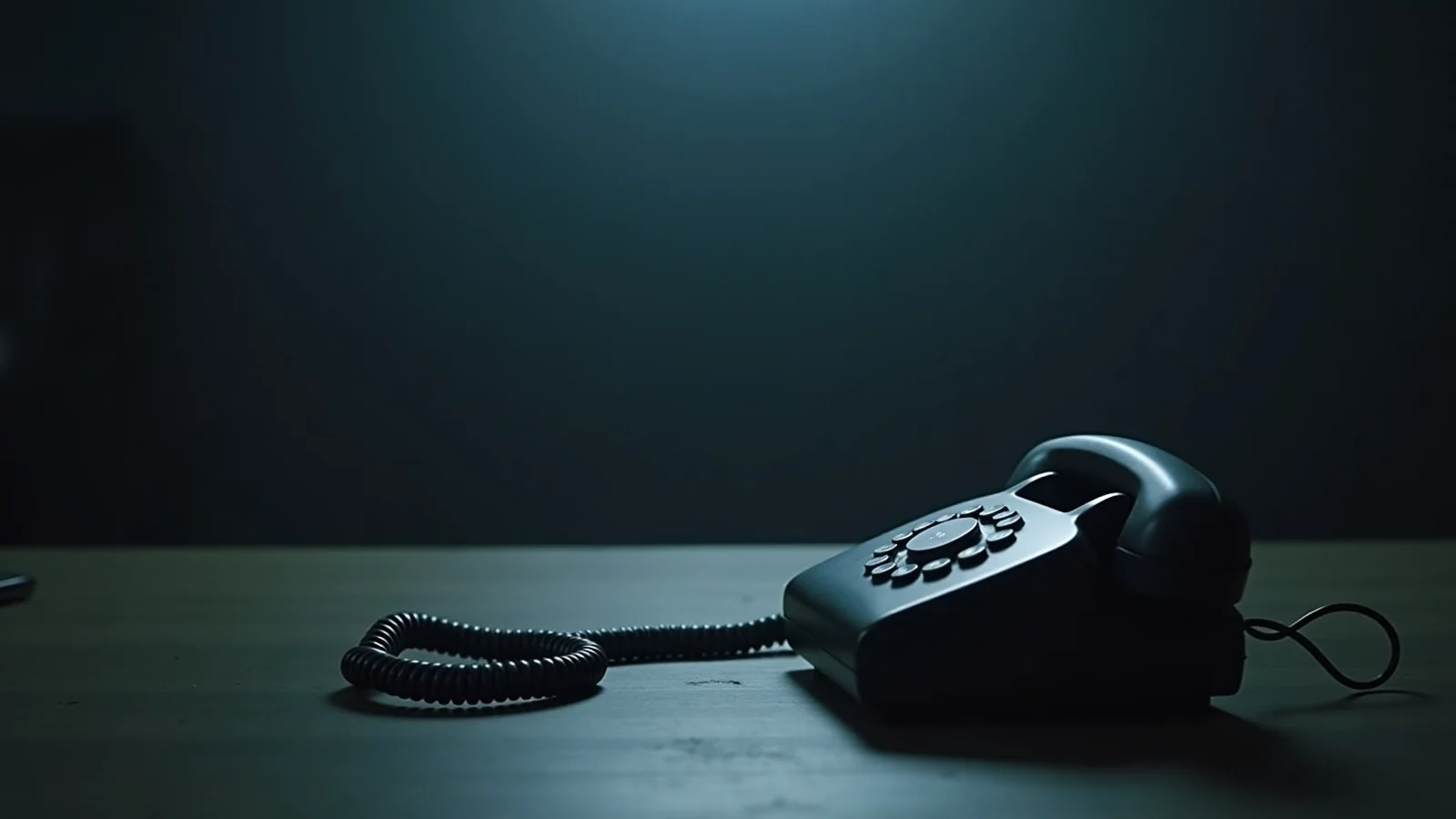 A dark desk telephone lying on a bare wooden table in cold light, its coiled cord trailing away, the keypad blank.