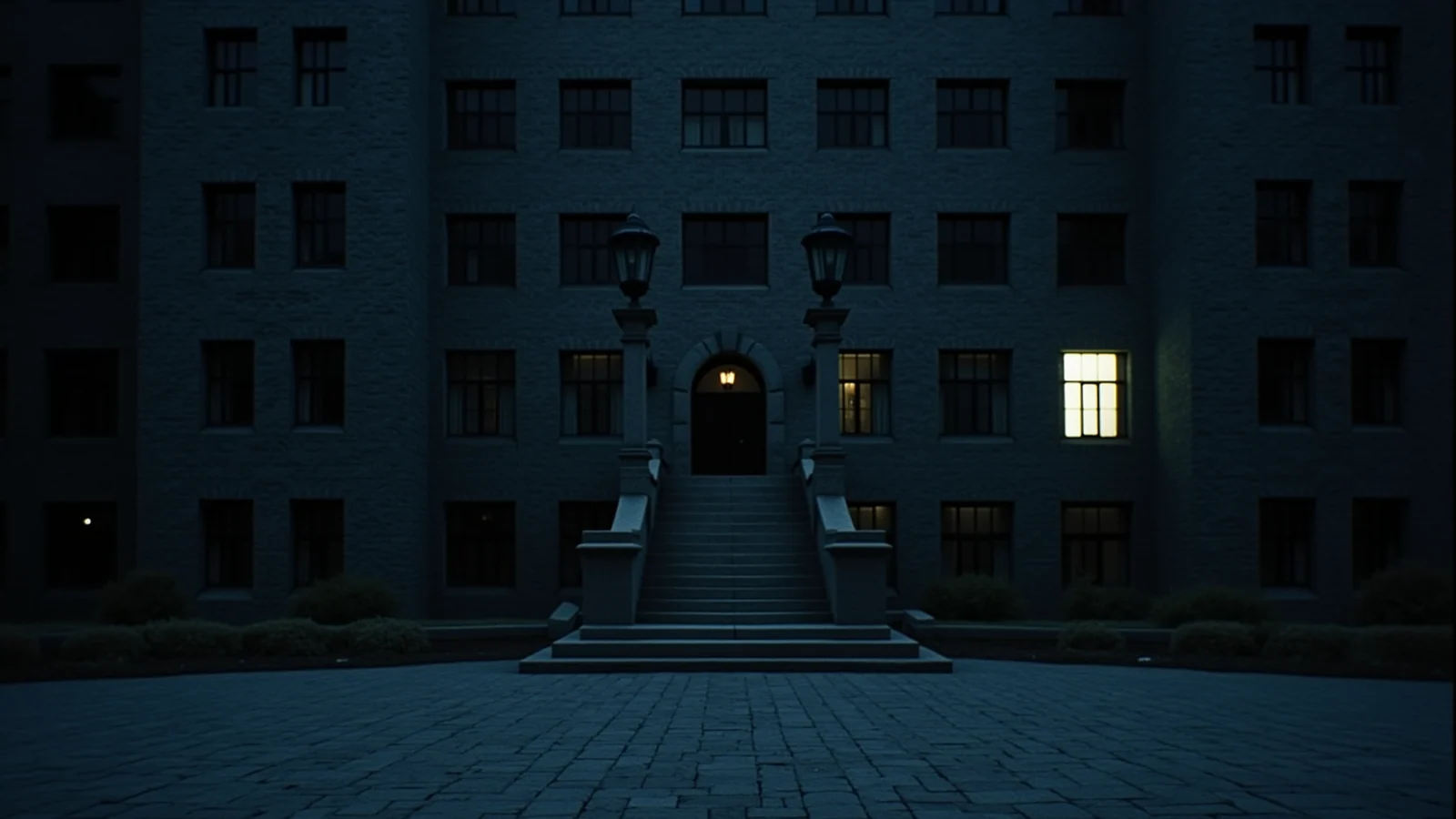 The dark stone facade of a large institutional building at night, one window brightly lit toward the right and the rest unlit.
