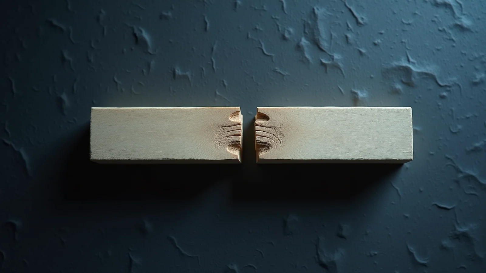 Two pale wooden blocks lying end to end on dark blue-grey slate with a narrow gap between them, their facing ends carved with matching curved notches that line up across the gap.