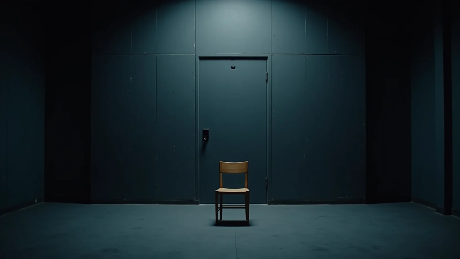 A single plain wooden chair standing alone in a dark empty room, facing a closed door under one small overhead light.