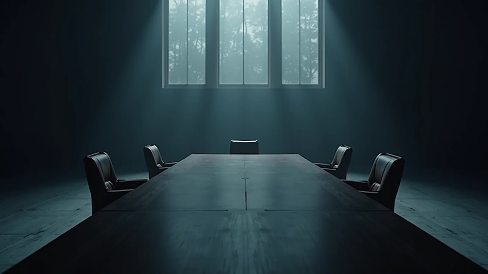 A long dark boardroom table with empty chairs around it, lit only by tall windows at the far end.