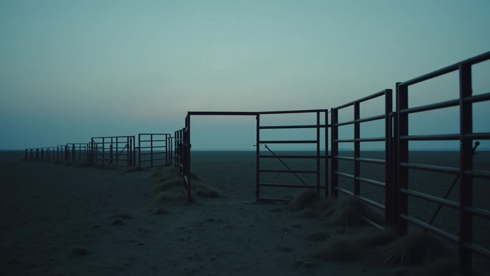 An empty steel cattle pen with its gate open on dry ground at dusk.