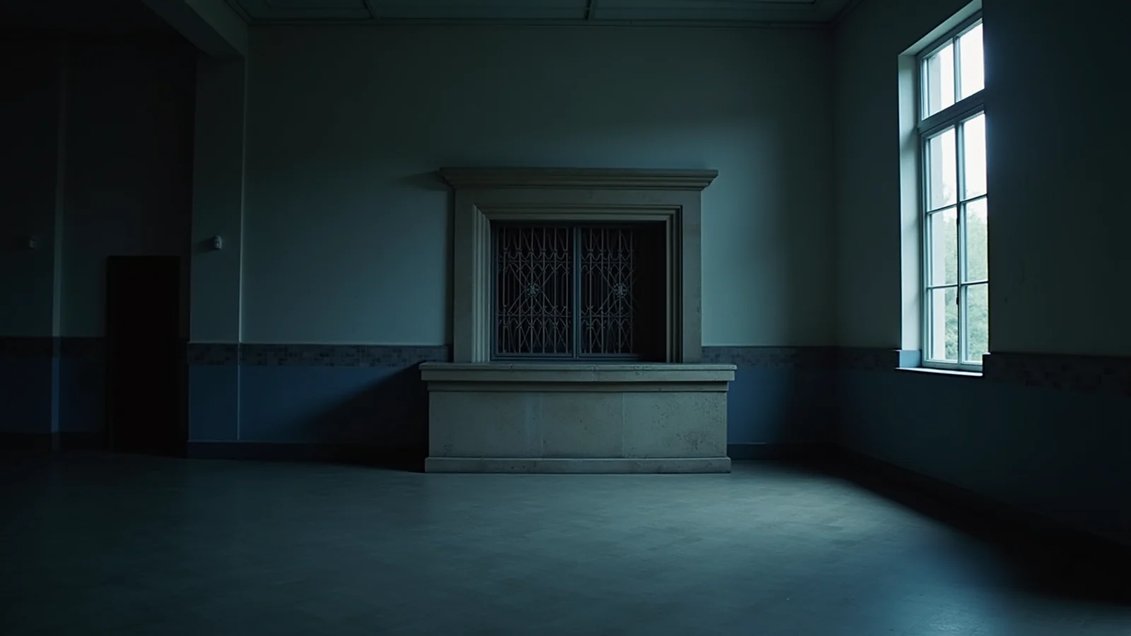An empty teller window with a closed metal grille above a bare stone counter.