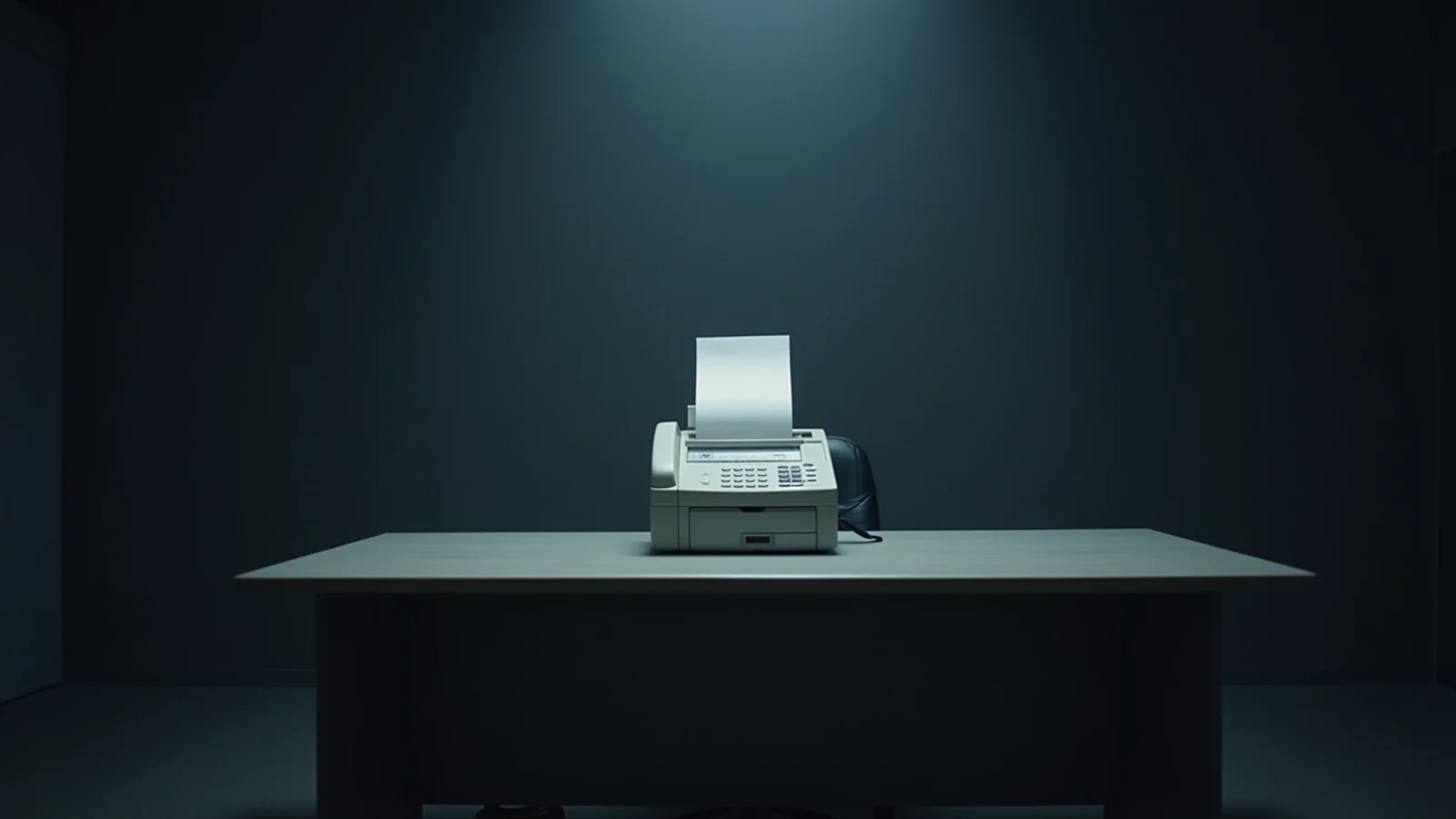 A pale fax machine alone on a wide table in a dark room, a single blank page rising from it.