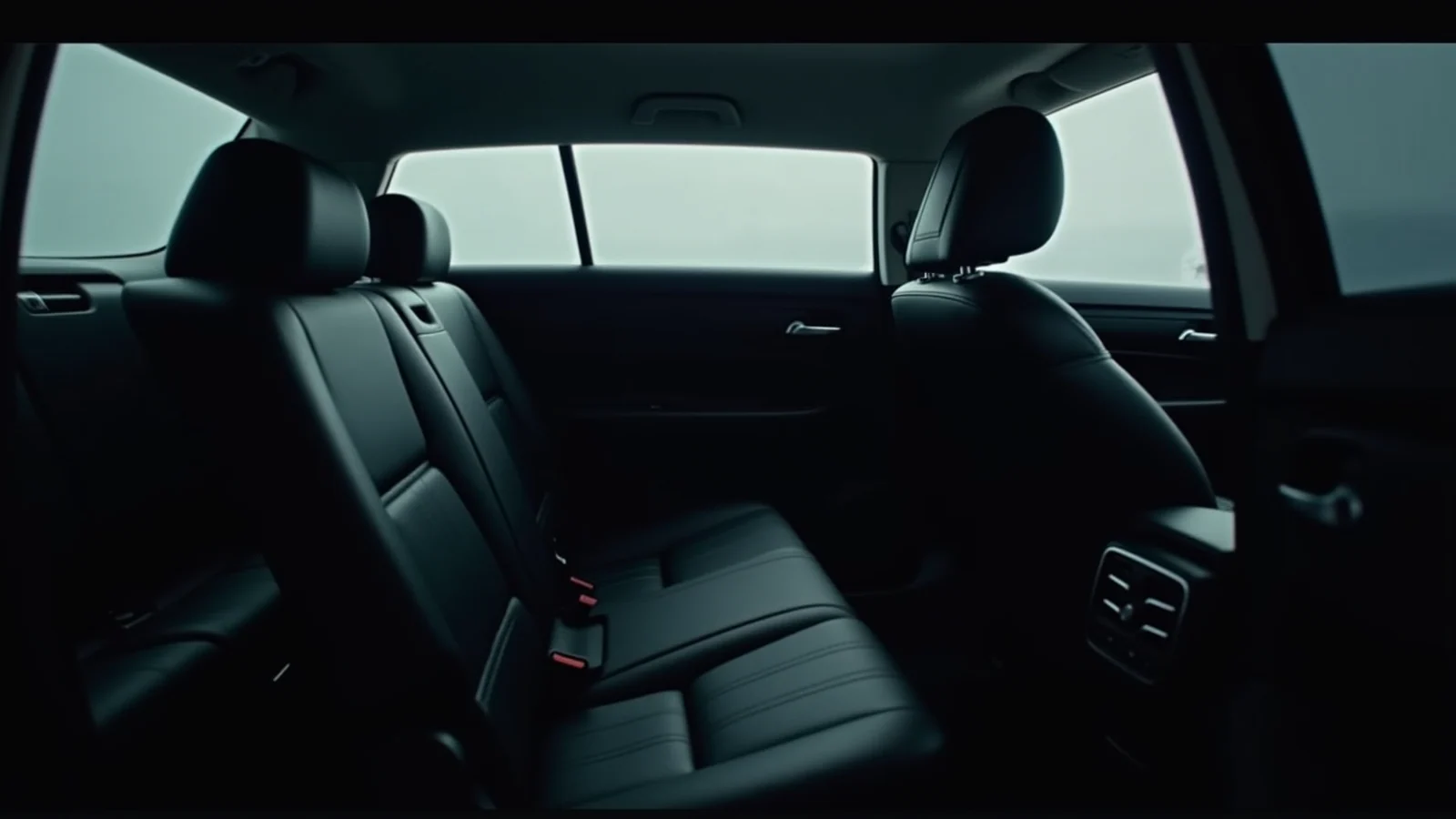 The empty second-row seats of a modern car interior in dim, cold light.