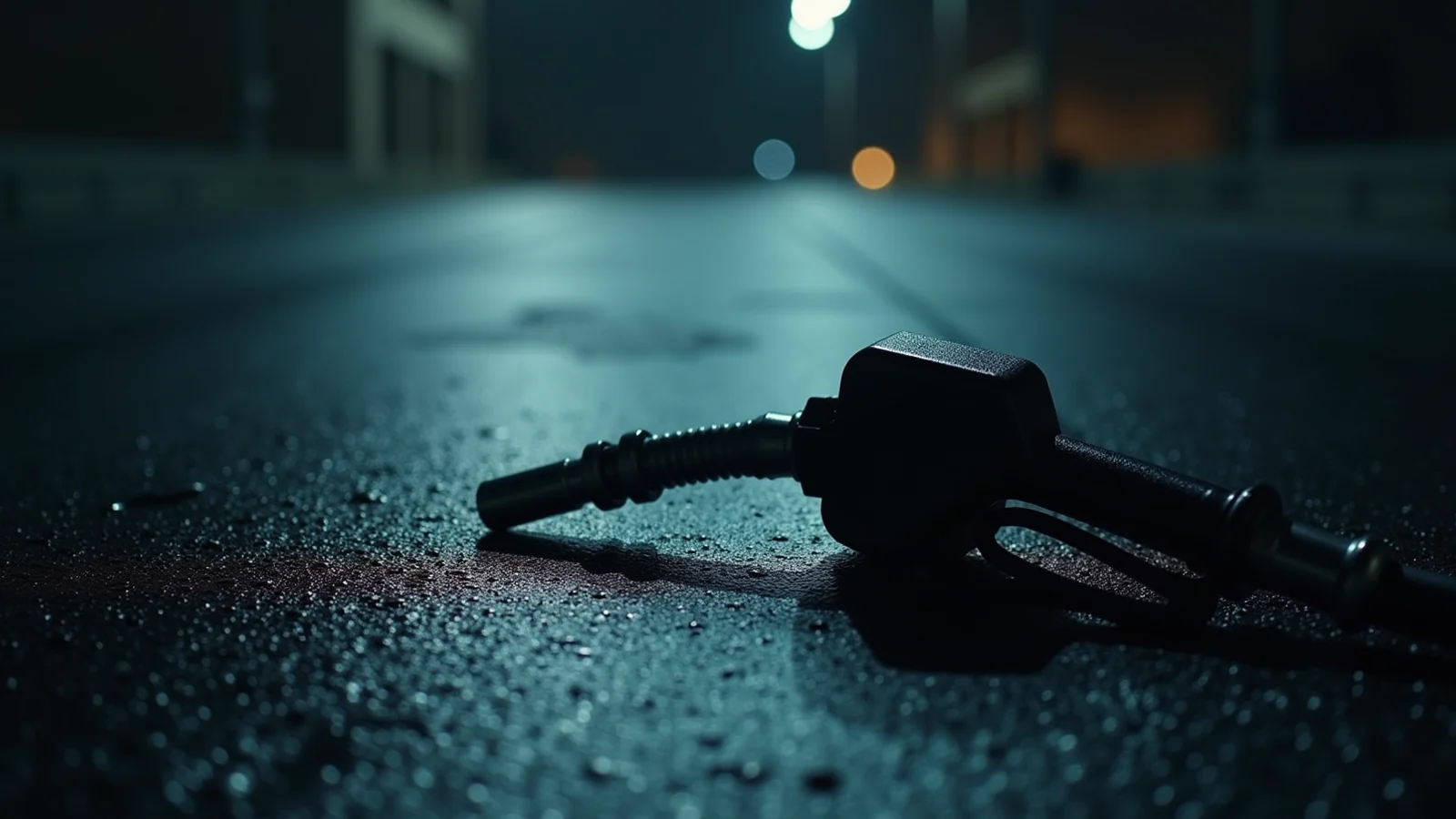 A black fuel pump nozzle and its hose lying on wet dark asphalt at night.