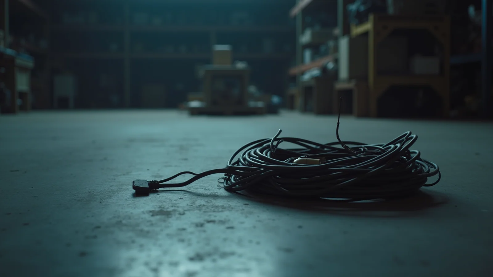 A coiled black electrical cable lying on the concrete floor of a dim workshop.