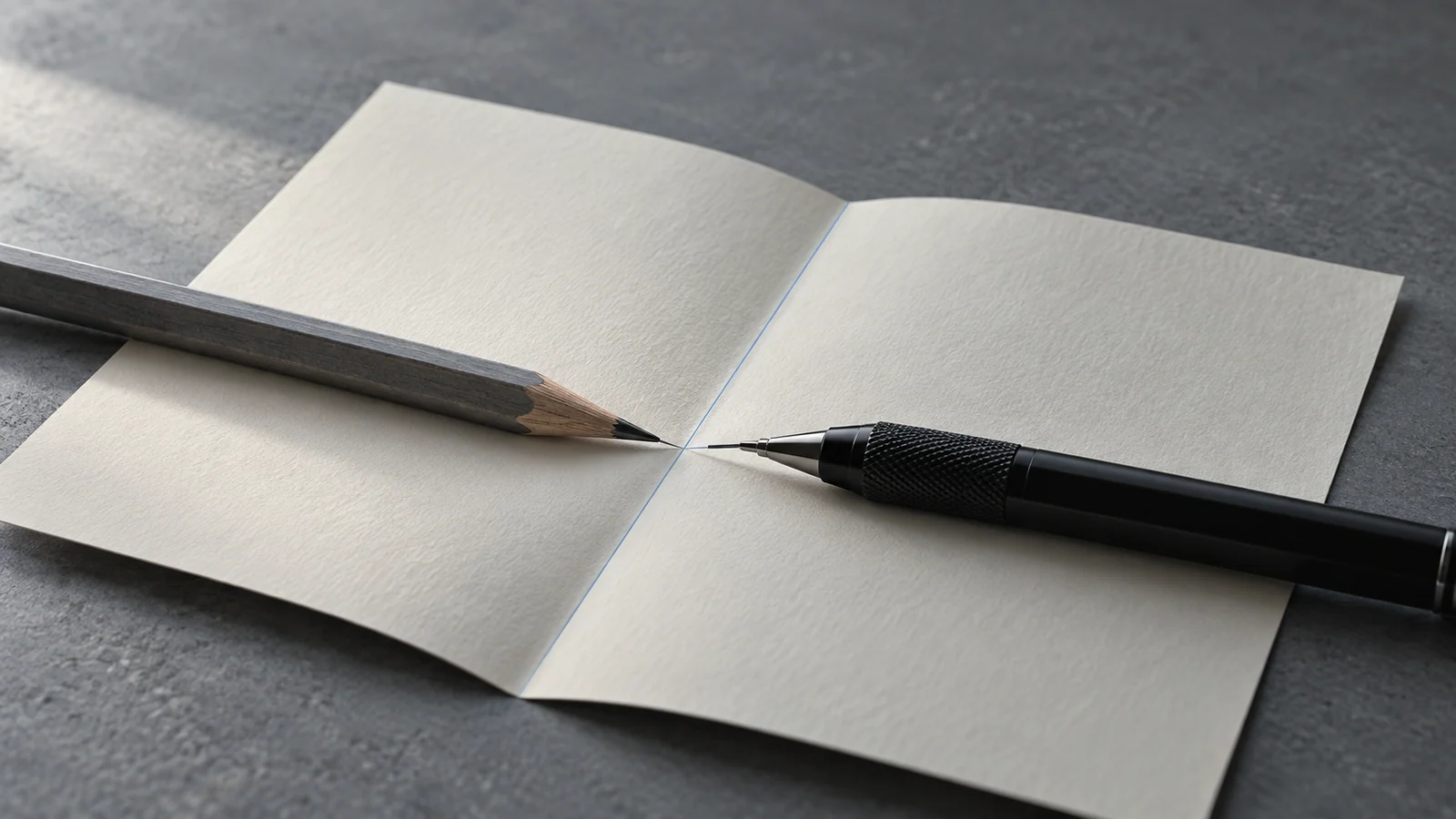 Two different drafting pencils rest beside a folded sheet with one blue line.