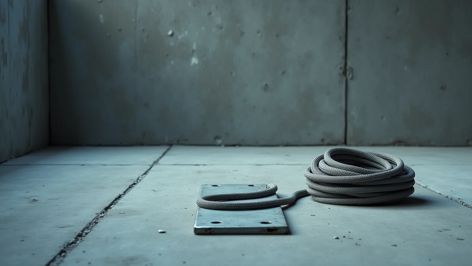 A grey steel scaffold plank and a coil of unused grey rope lying on bare concrete.