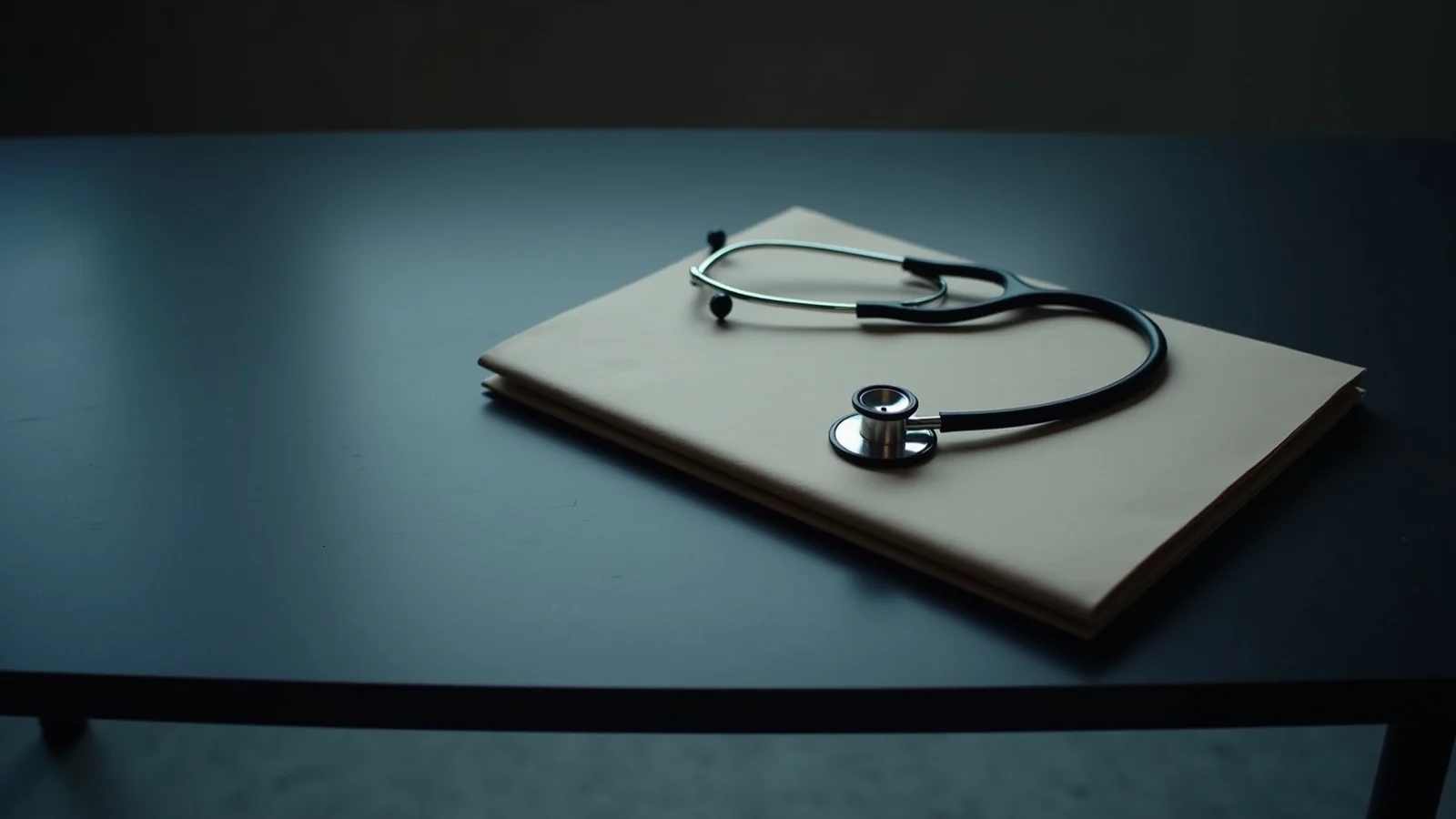 A stethoscope lying coiled on a plain closed manila folder on a dark desk.
