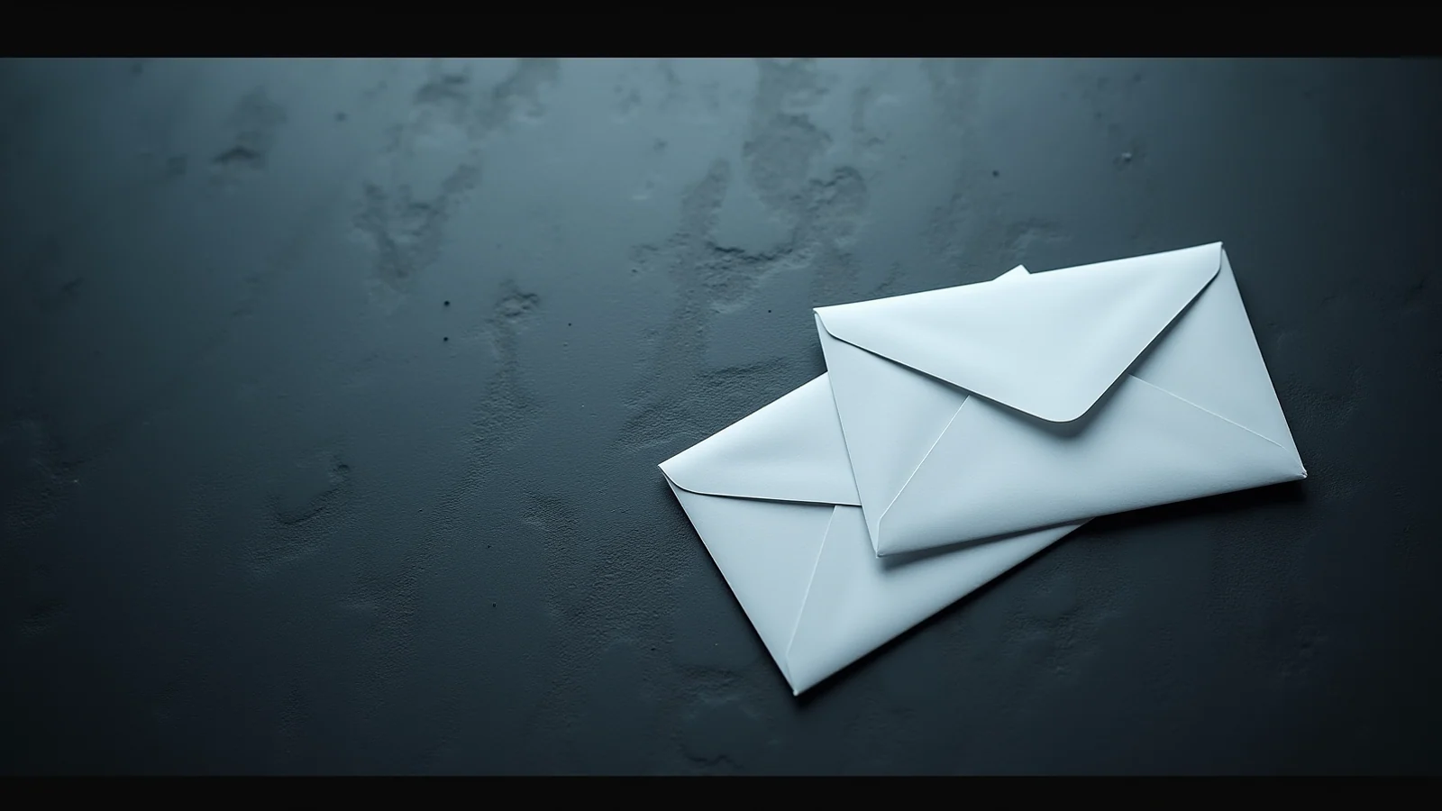 Two plain white envelopes on dark slate, one lying across the other.