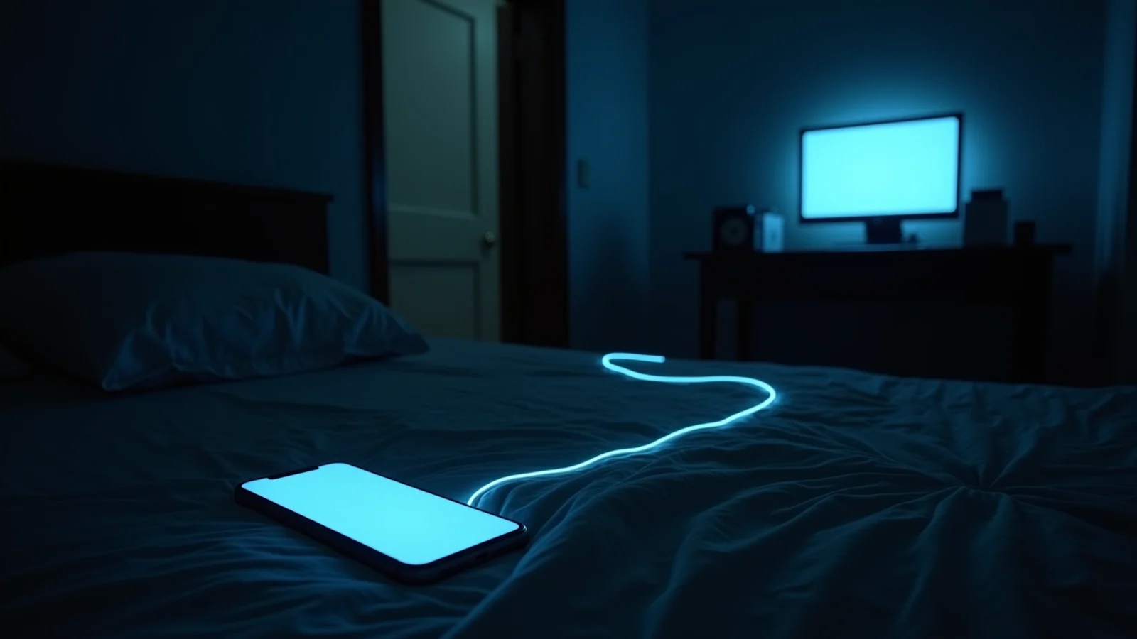A phone glowing on a dark bed at night, a single ice-blue thread of light running across the covers toward a lit workstation on a desk.