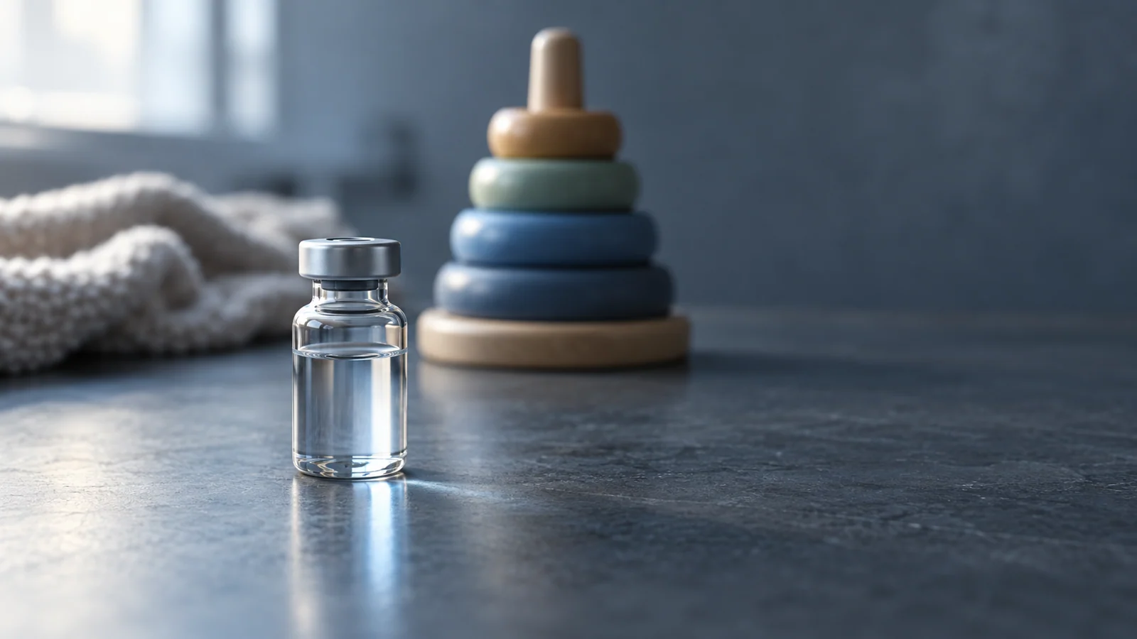 An unlabelled infusion vial with a child's wooden stacking toy behind it.