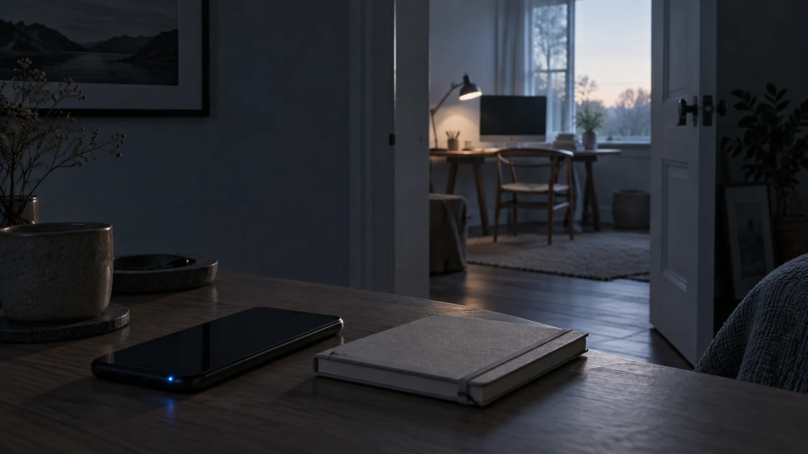 A dark phone and notebook on a quiet desk, with a lit workstation visible through a doorway.