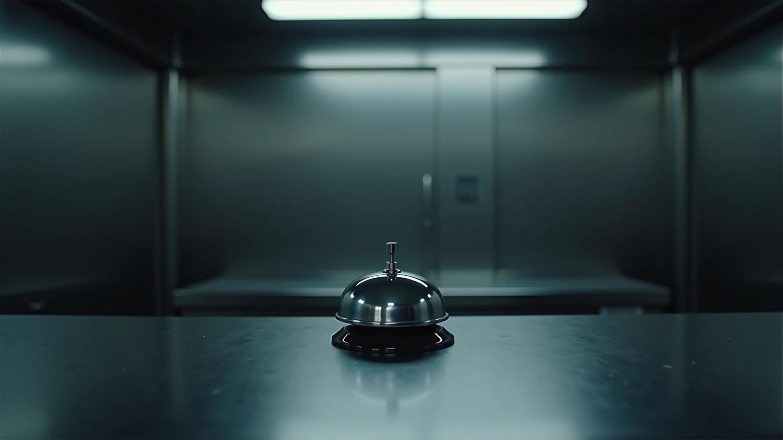 A single chrome service bell on an empty steel counter with nobody behind it.
