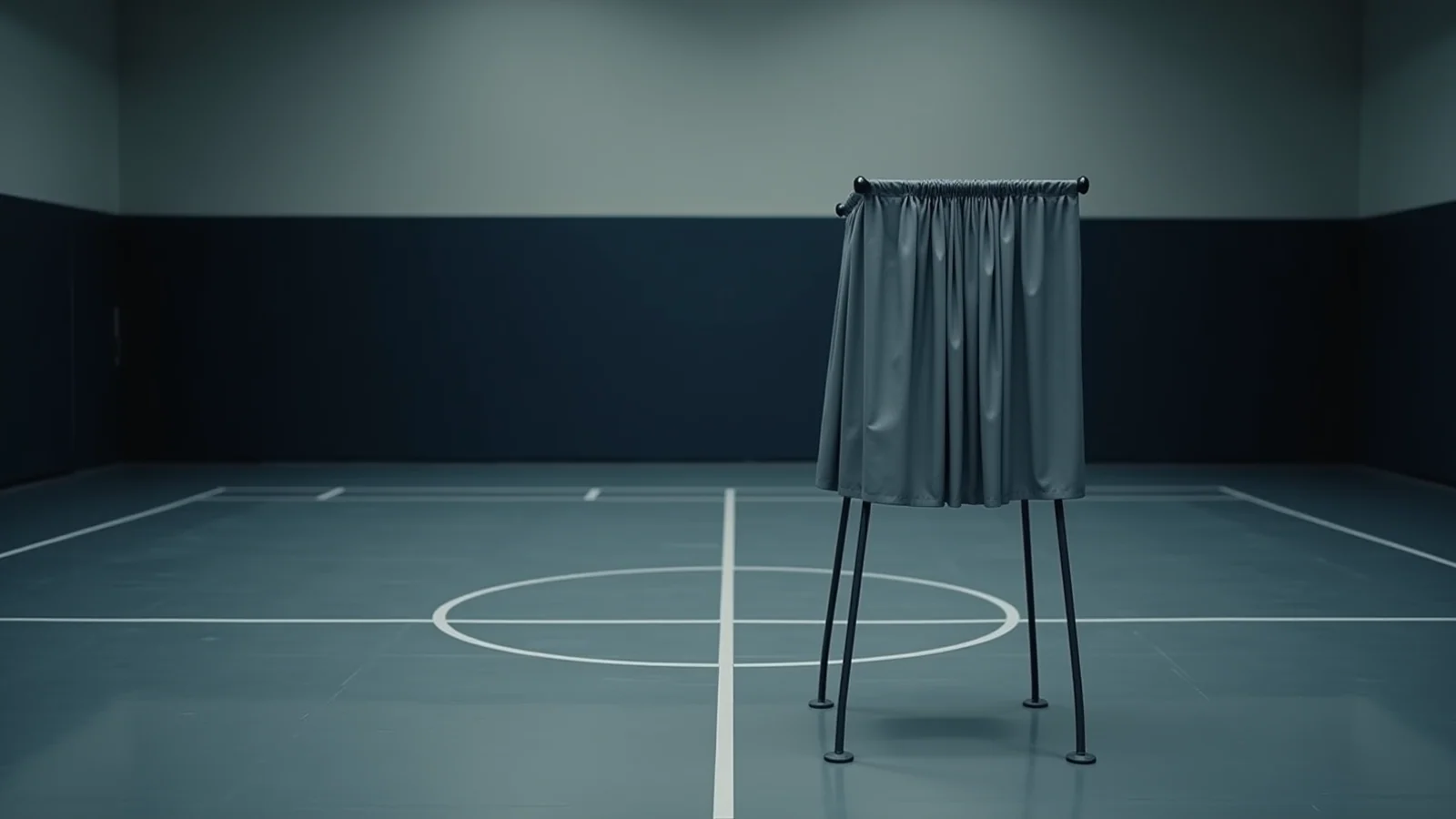 An empty grey voting booth with a drawn fabric curtain on thin metal legs, standing alone on a dim gymnasium floor.