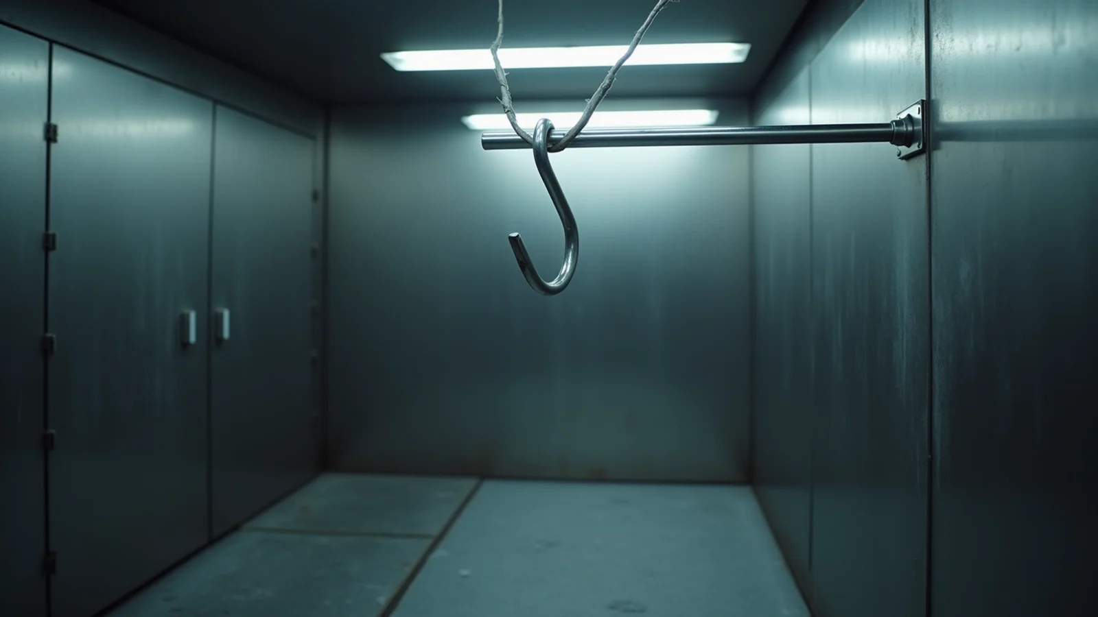 A single empty steel meat hook hanging from a rail inside an empty stainless-steel walk-in cooler.