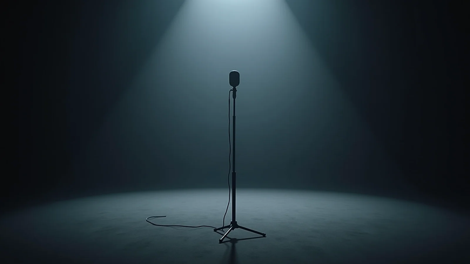 A single microphone on a stand under one cold spotlight on an empty, dark stage.