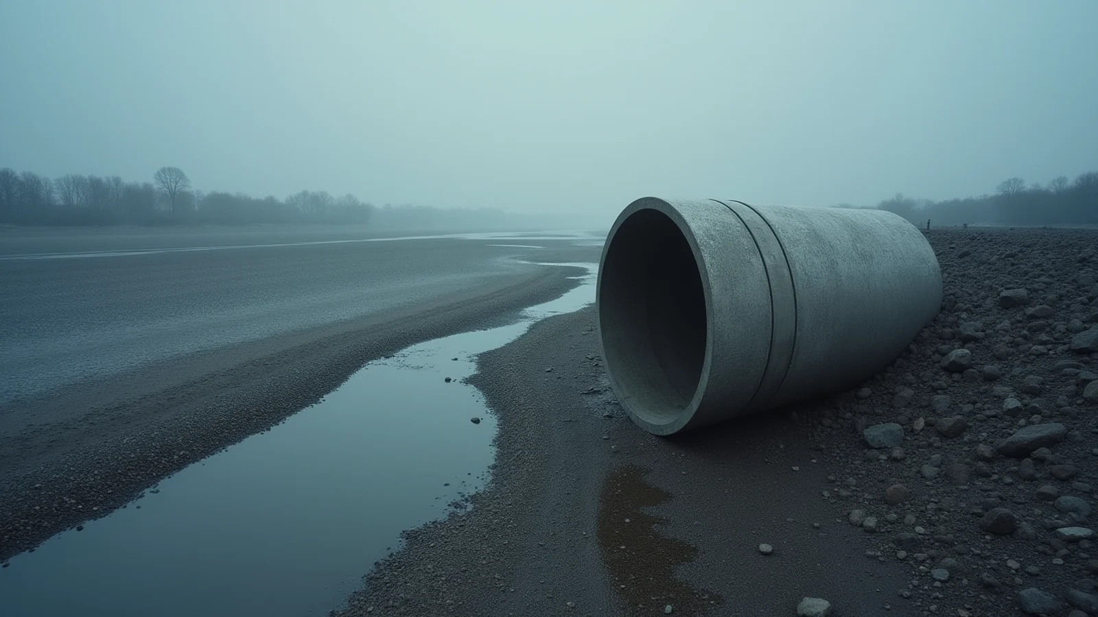 A large concrete culvert section lying unused on wet gravel beside a flat grey river in fog.